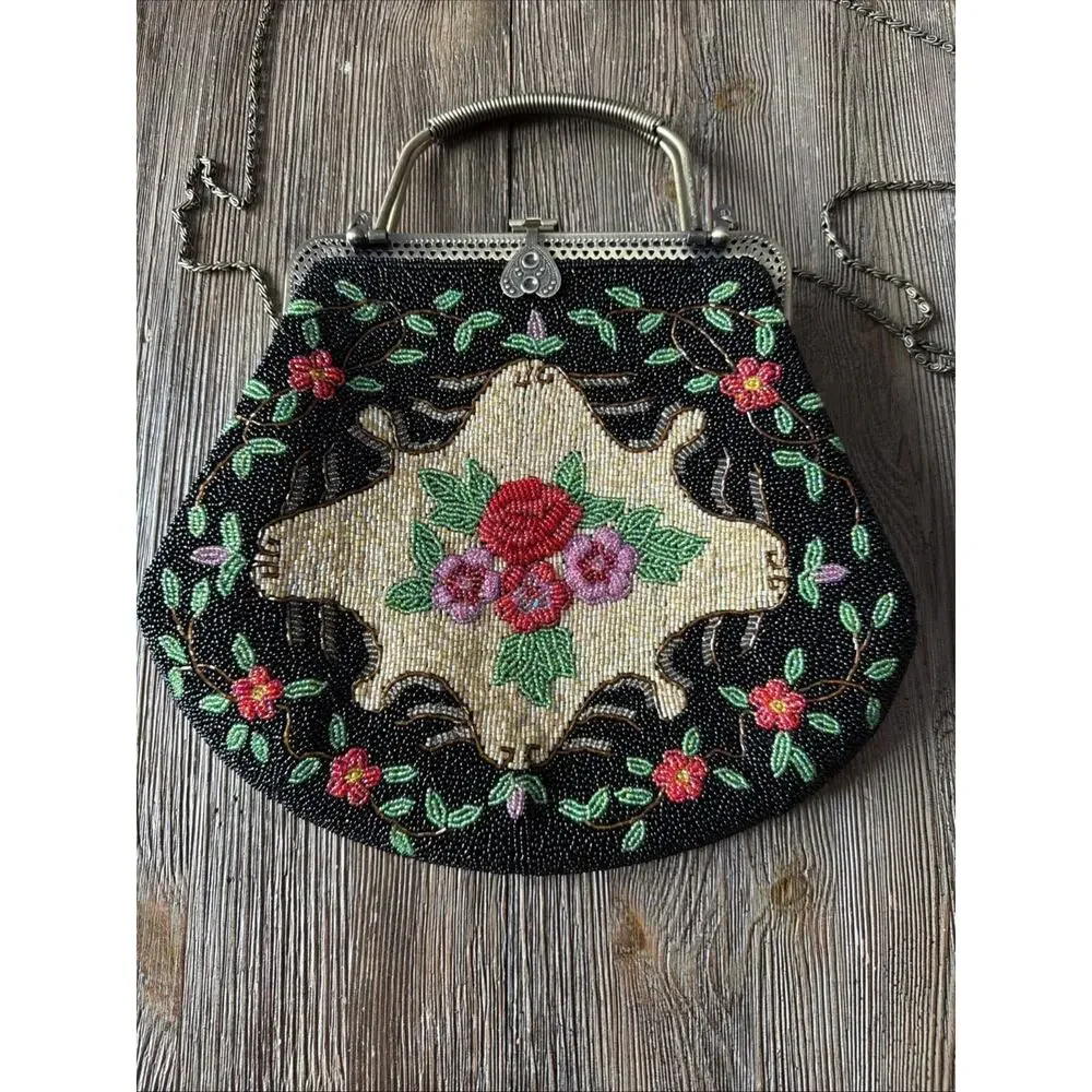 Vintage Hand Beaded Purse Black Colorful Roses Bag 1950 1960 flapper party - Picture 2 of 16